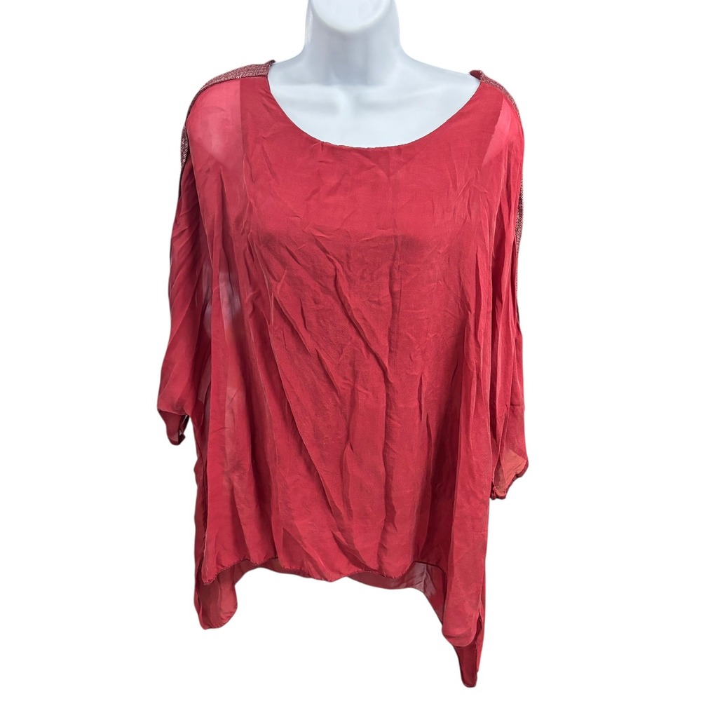 Lola Made in Italy Red Sequin Embellished Sheer Batwing Sleeve Top Size S